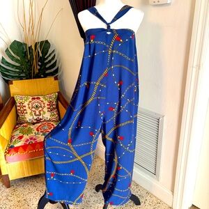 COREY LYNN CALTER Blue Print Long Halter JUMPSUIT! Great condition! Pockets Lg